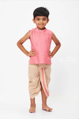 Boys Pink Sleeveless Kurta and Beige Dhoti Set - Festive and Traditional Outfit for Kids