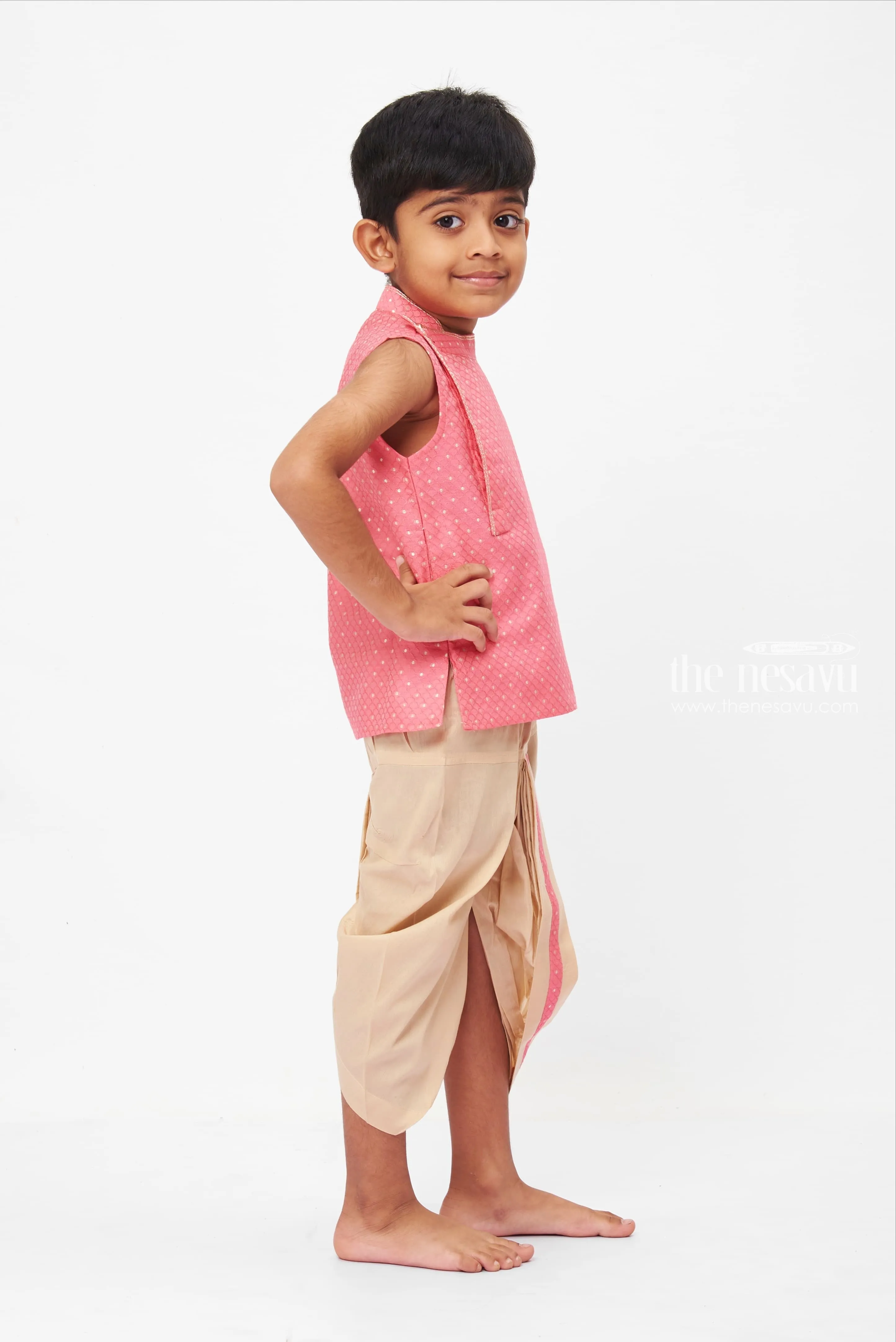 Boys Pink Sleeveless Kurta and Beige Dhoti Set - Festive and Traditional Outfit for Kids