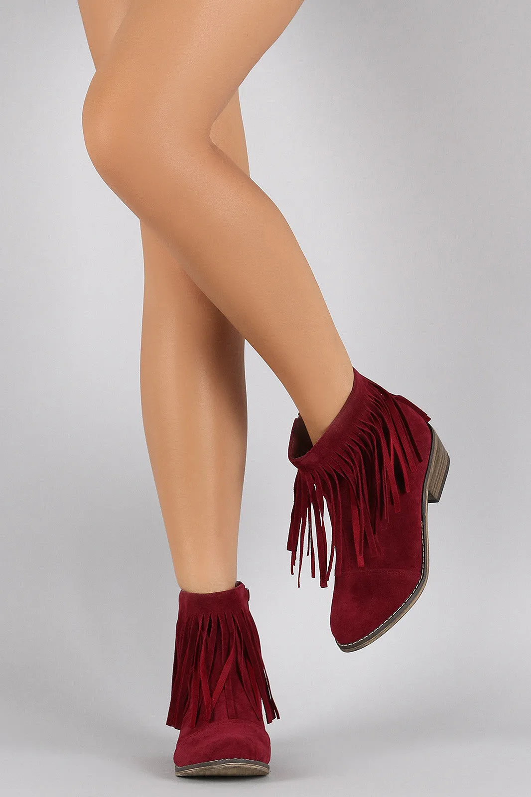 Breckelle Suede Fringe Round Toe Cowgirl Ankle Boots