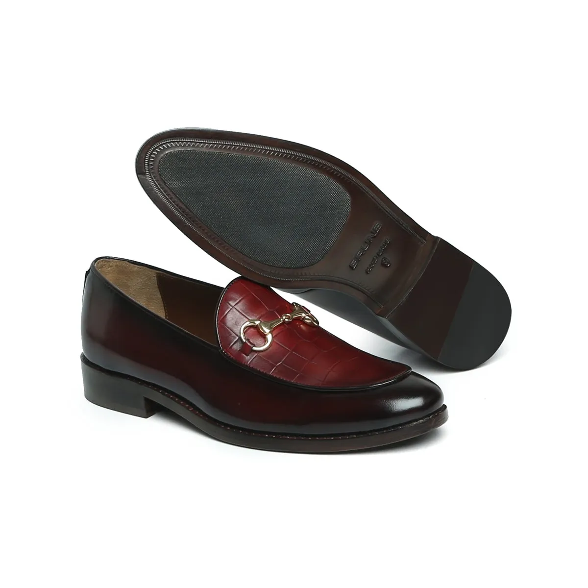 Brown Brush Off Loafers with Wine Deep Cut Leather At Vamp