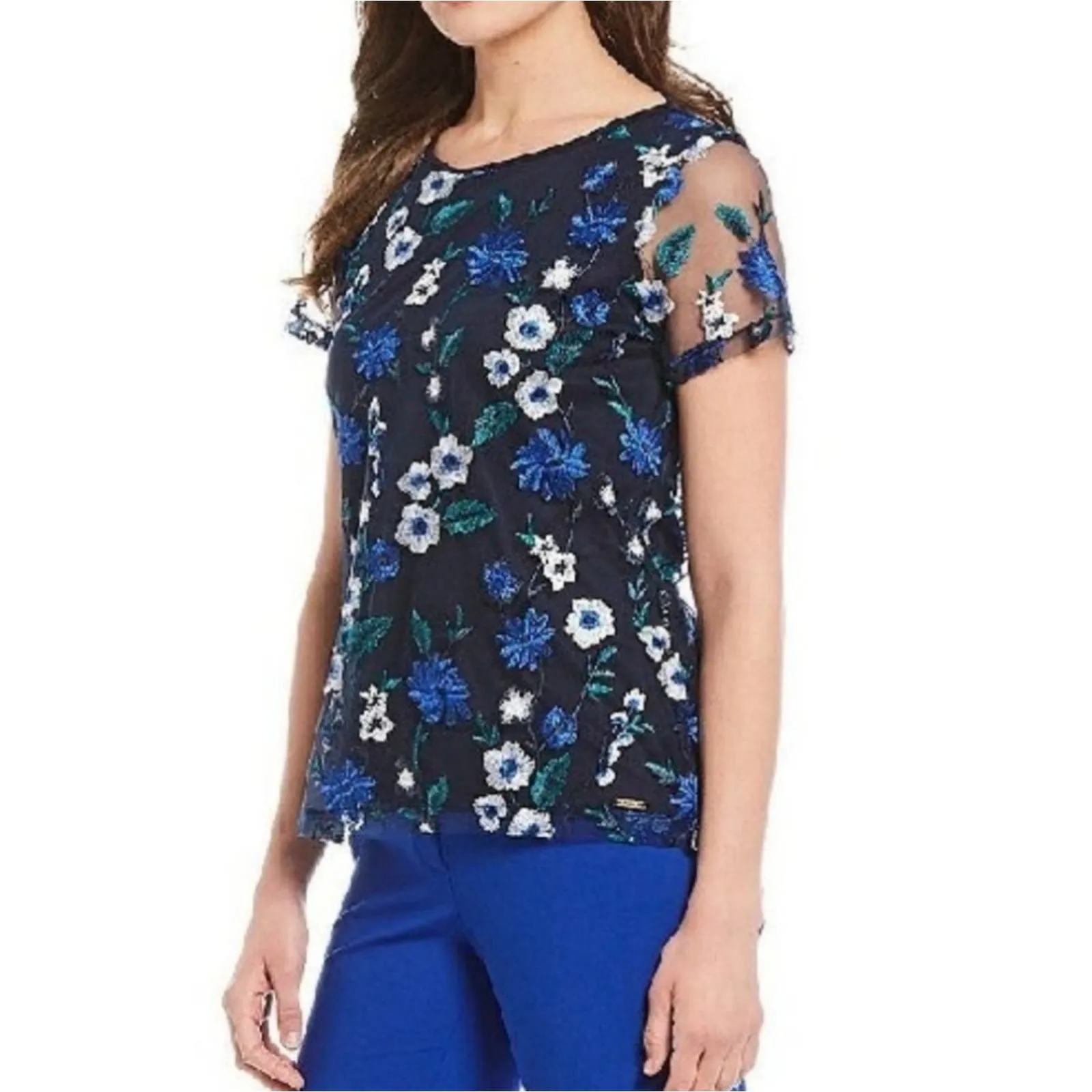 Calvin Klein Floral Embroidered Mesh Top