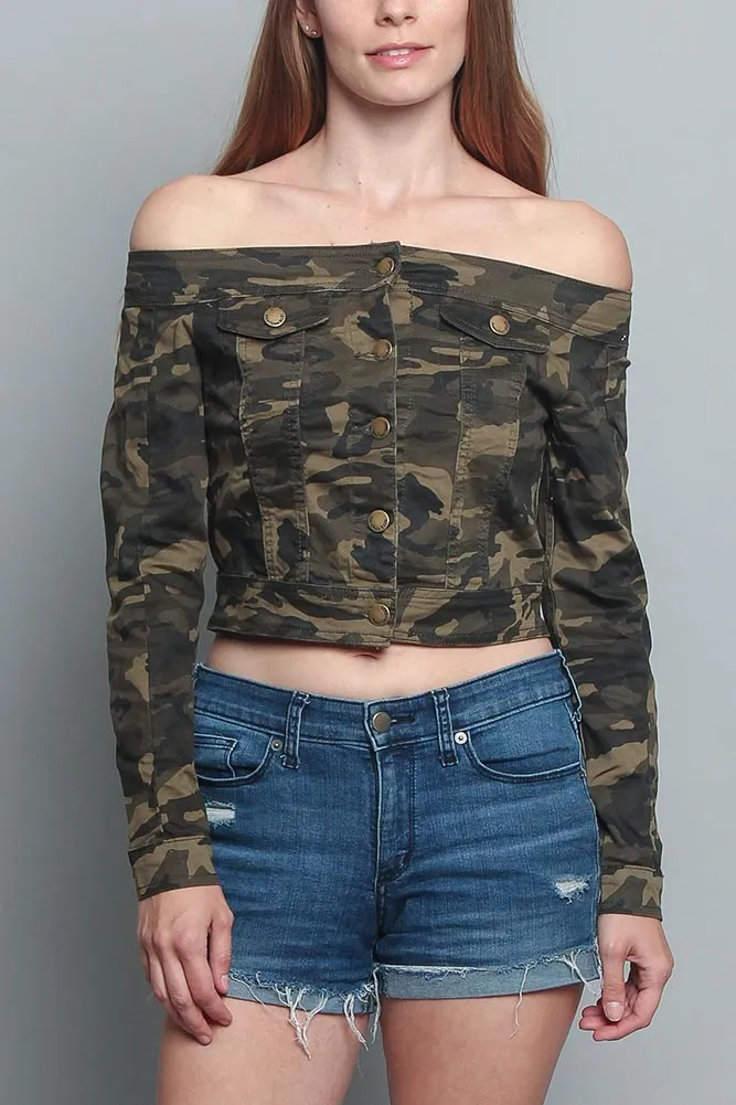 Colored Camo Off the Shoulder Shirt