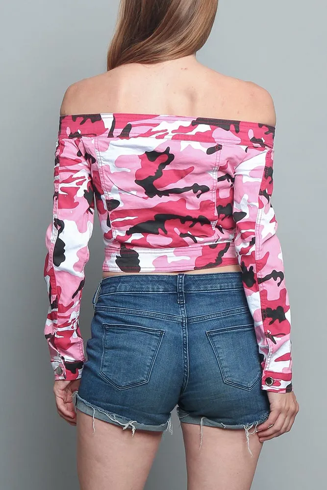 Colored Camo Off the Shoulder Shirt