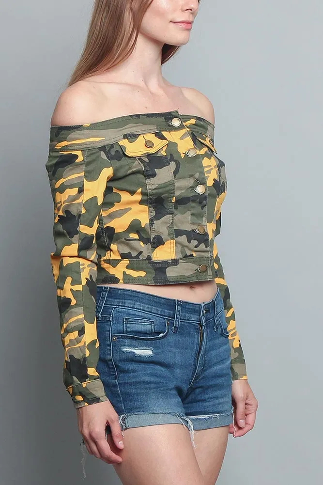 Colored Camo Off the Shoulder Shirt