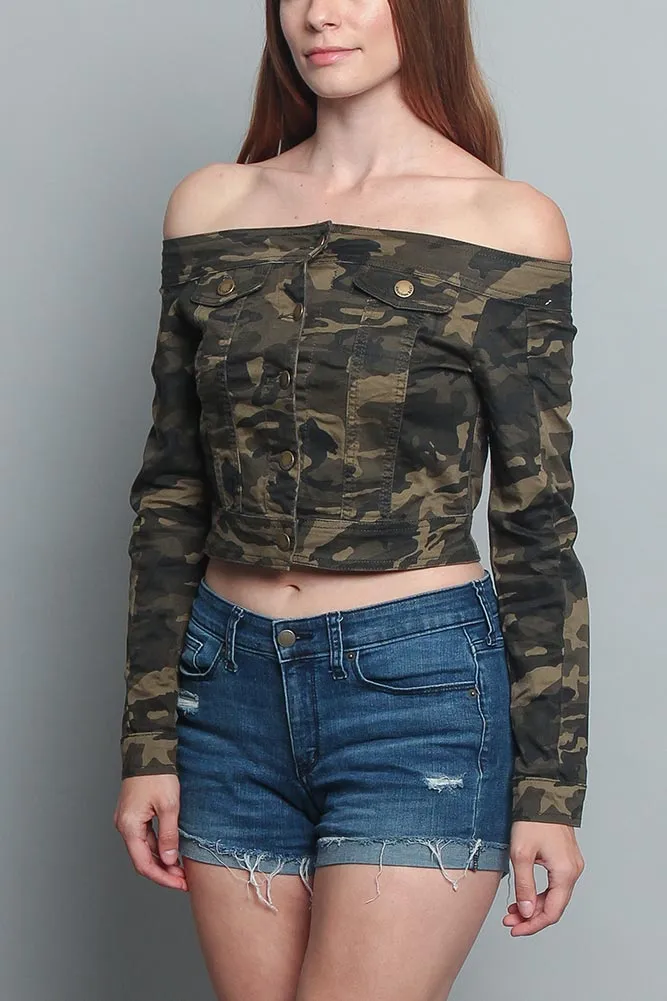 Colored Camo Off the Shoulder Shirt