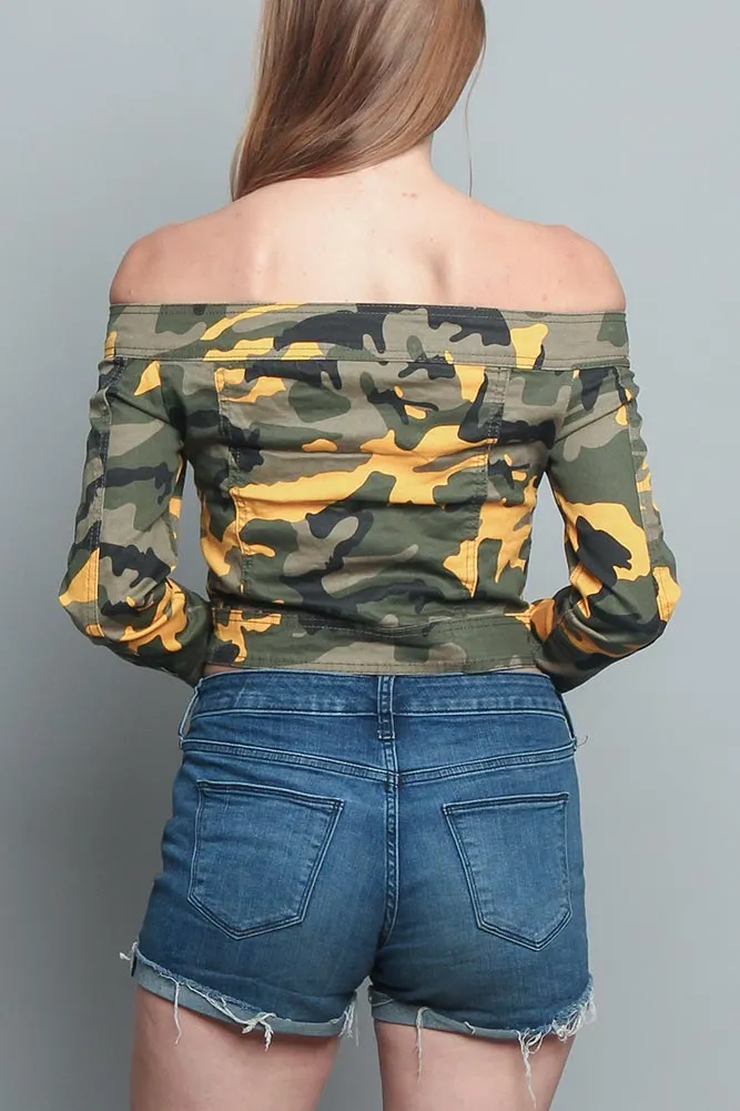 Colored Camo Off the Shoulder Shirt