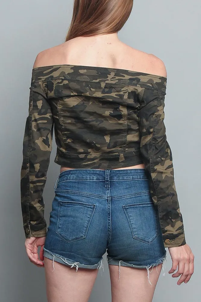 Colored Camo Off the Shoulder Shirt