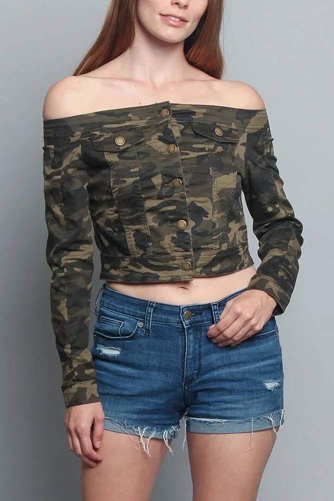 Colored Camo Off the Shoulder Shirt