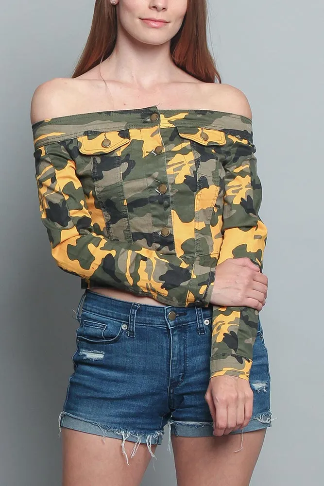 Colored Camo Off the Shoulder Shirt