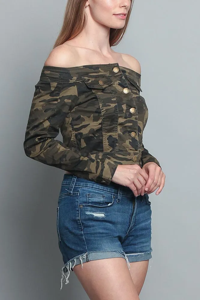 Colored Camo Off the Shoulder Shirt