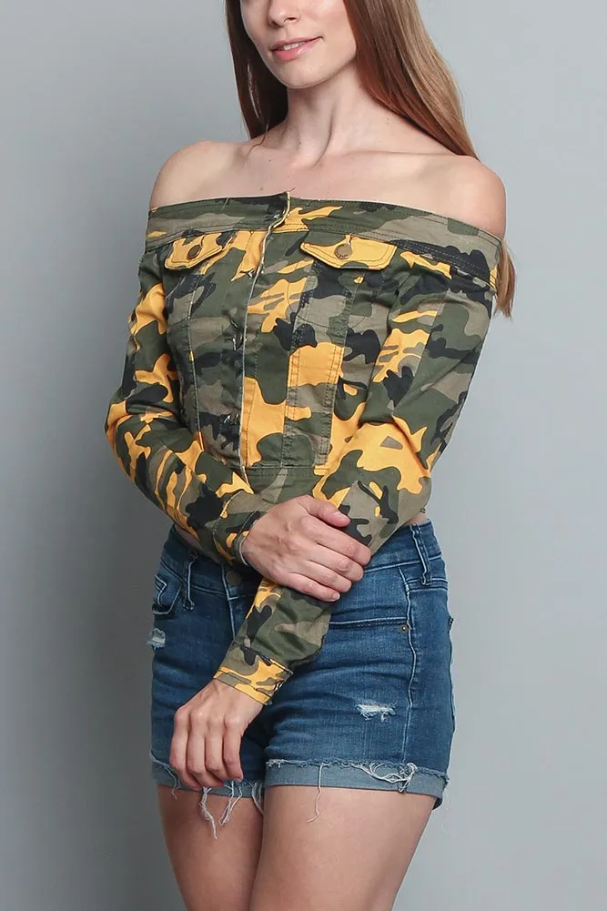 Colored Camo Off the Shoulder Shirt