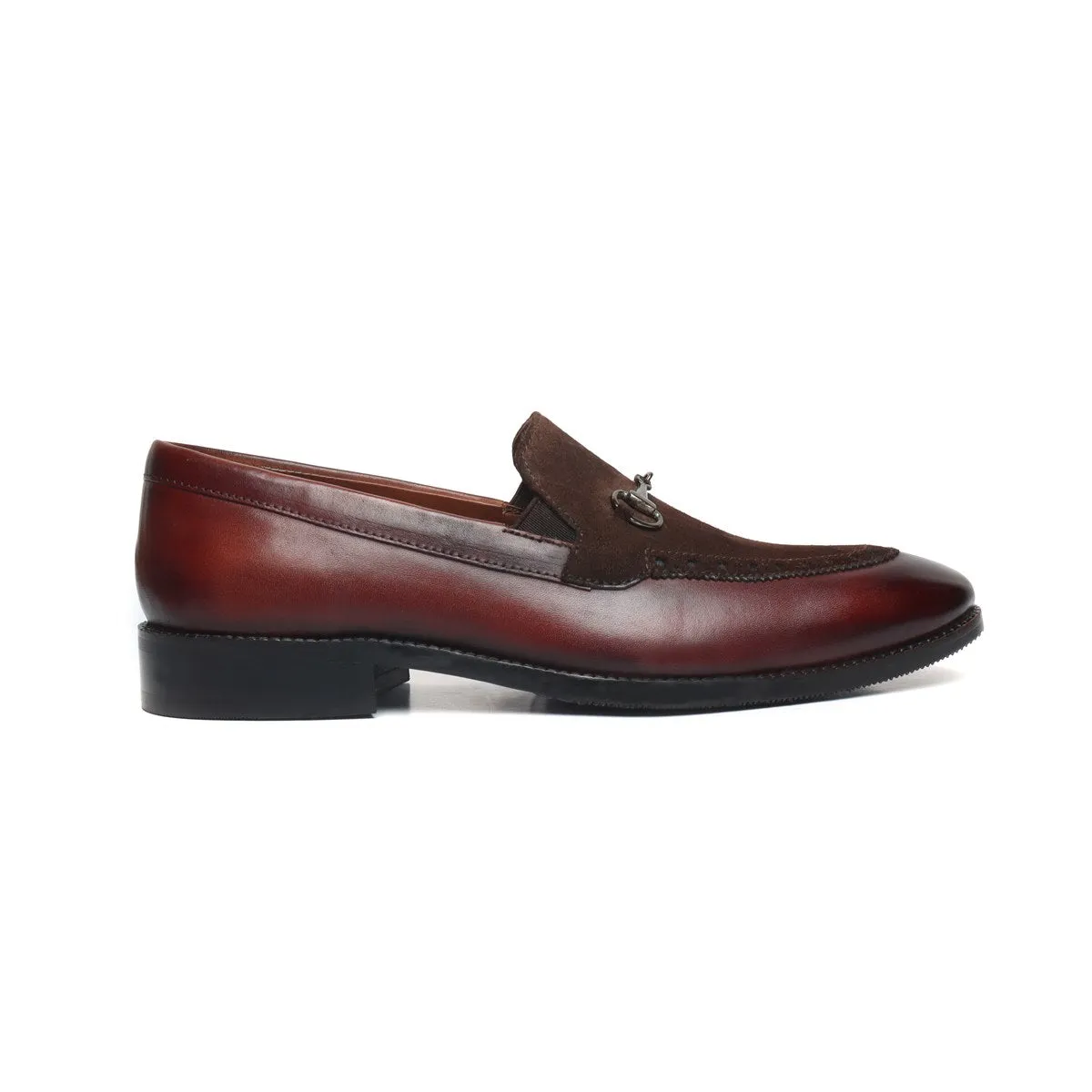 Contrasting Suede Leather Loafers with Brown Brogue Design & Horse-bit Buckle