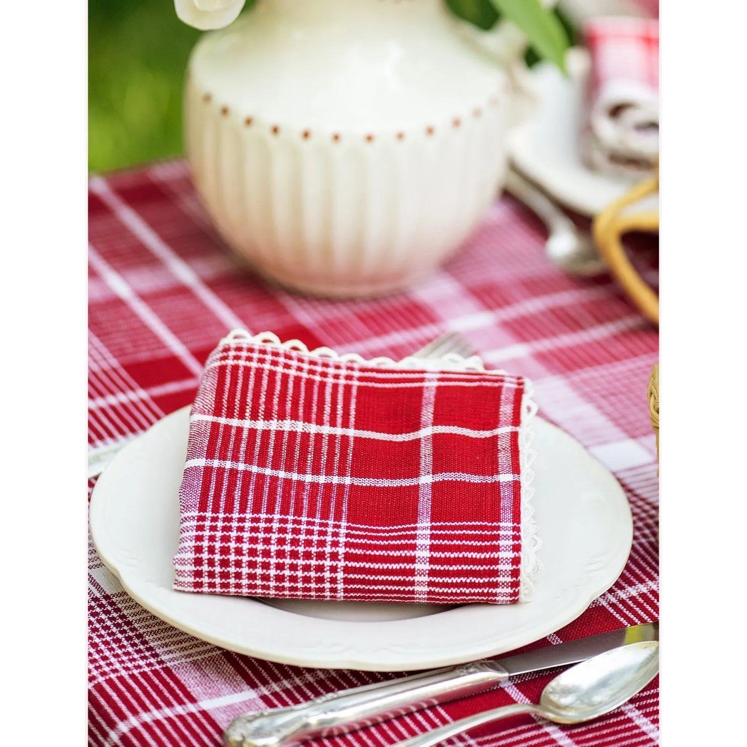 Cotton Fringed Napkins - Cherry Red Plaid - Set of 4