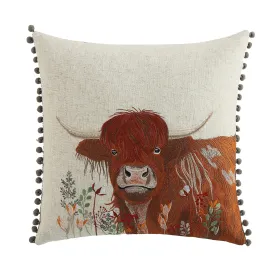 Country Collection Highland Cow Embroidered Linen Blend Cushion