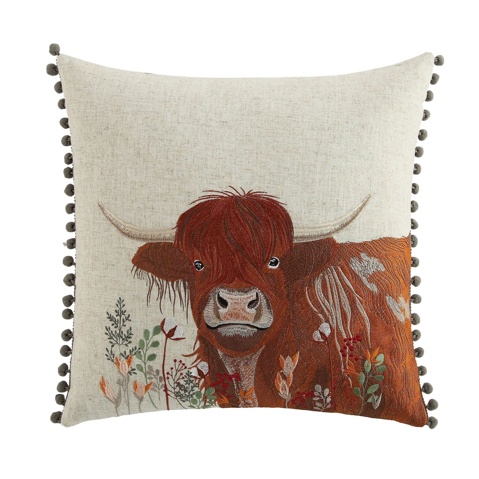 Country Collection Highland Cow Embroidered Linen Blend Cushion