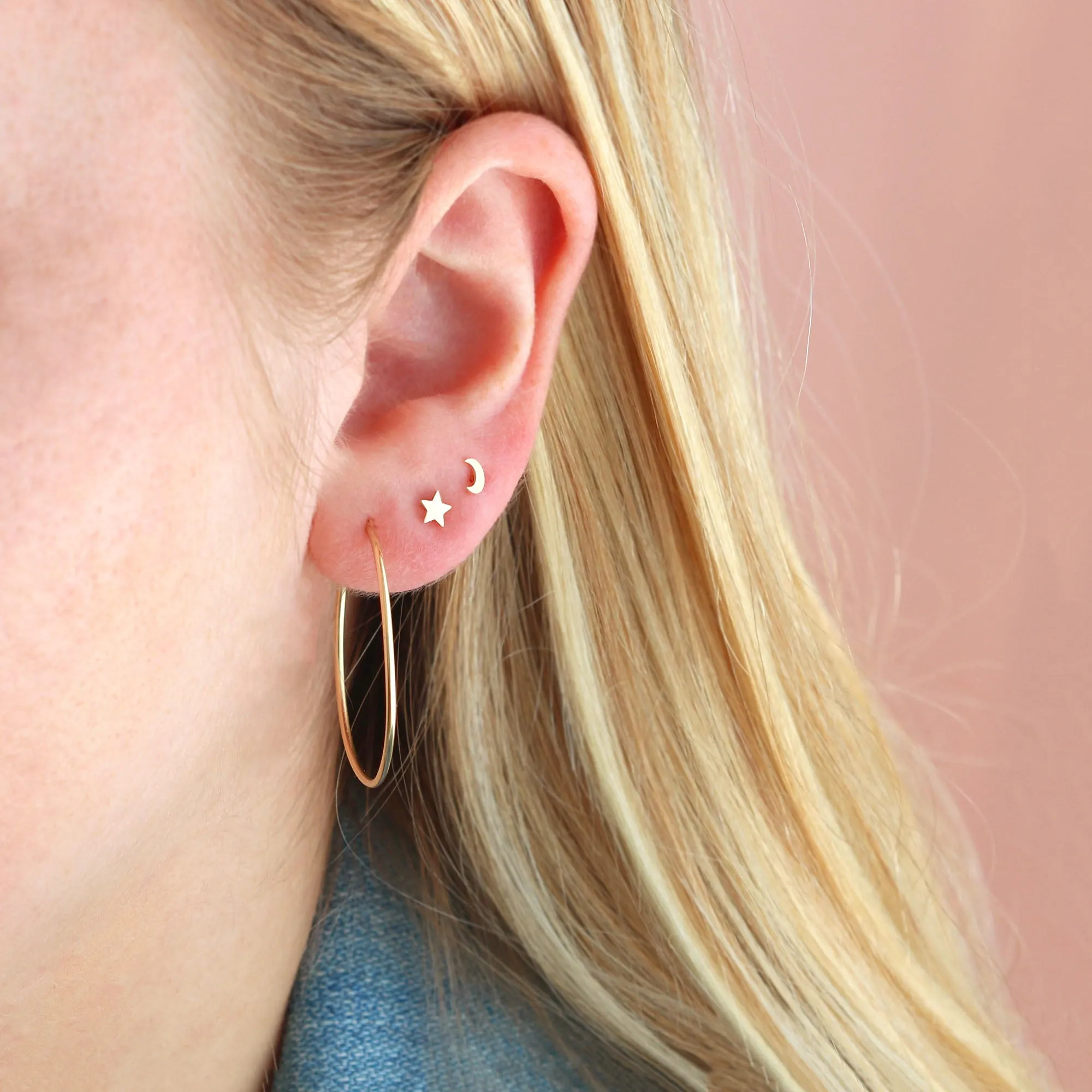 Crescent Moon Flat Back Single Stud Earring in 14k gold