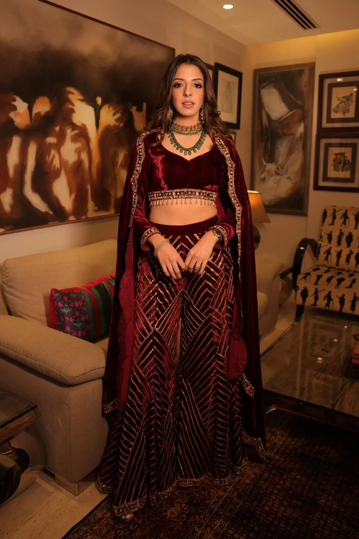 Custom Silk Velvet Scalloped Drape Sharara Set