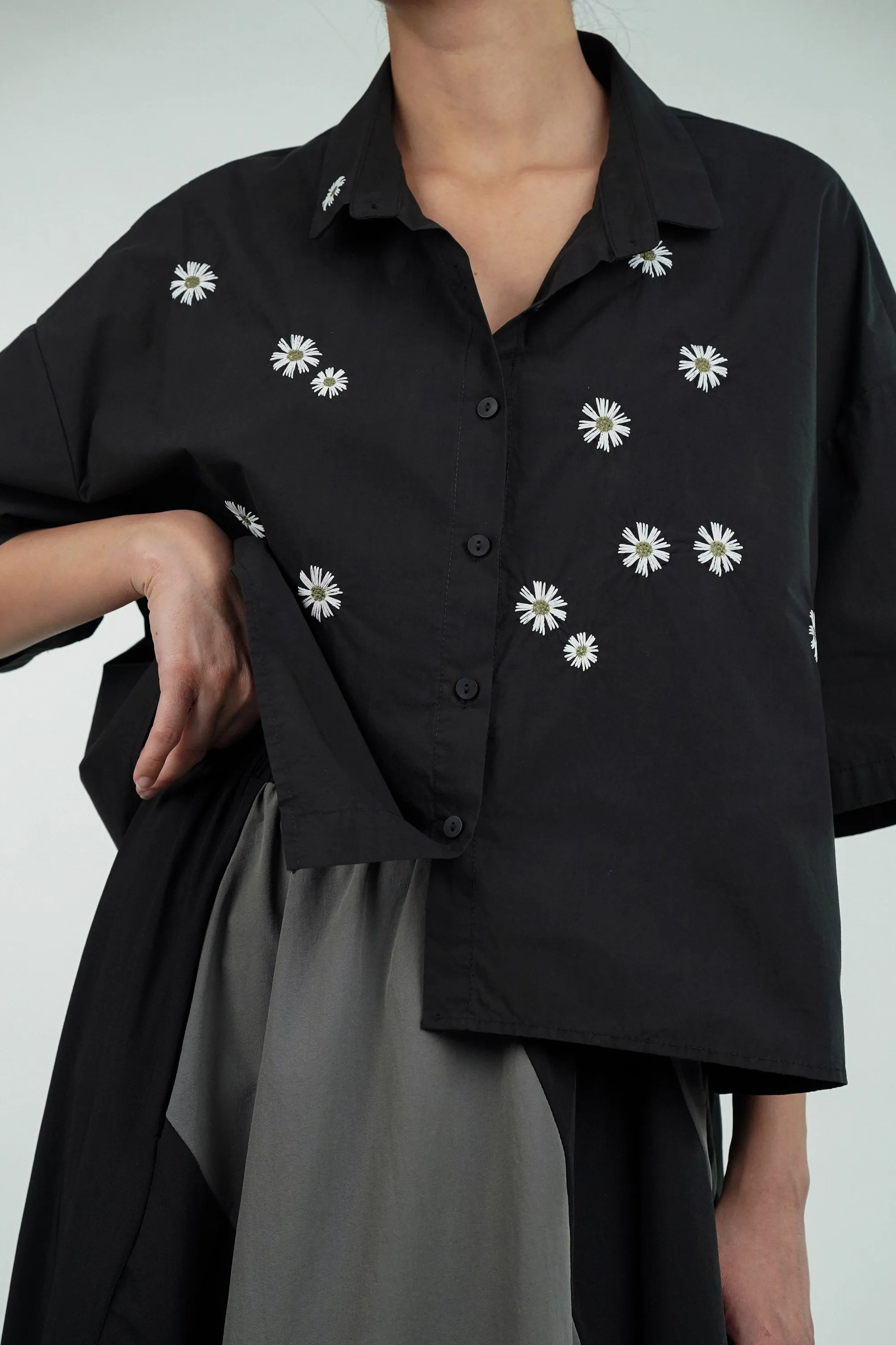 Daisy Delight Black Floral Embroidered Shirt