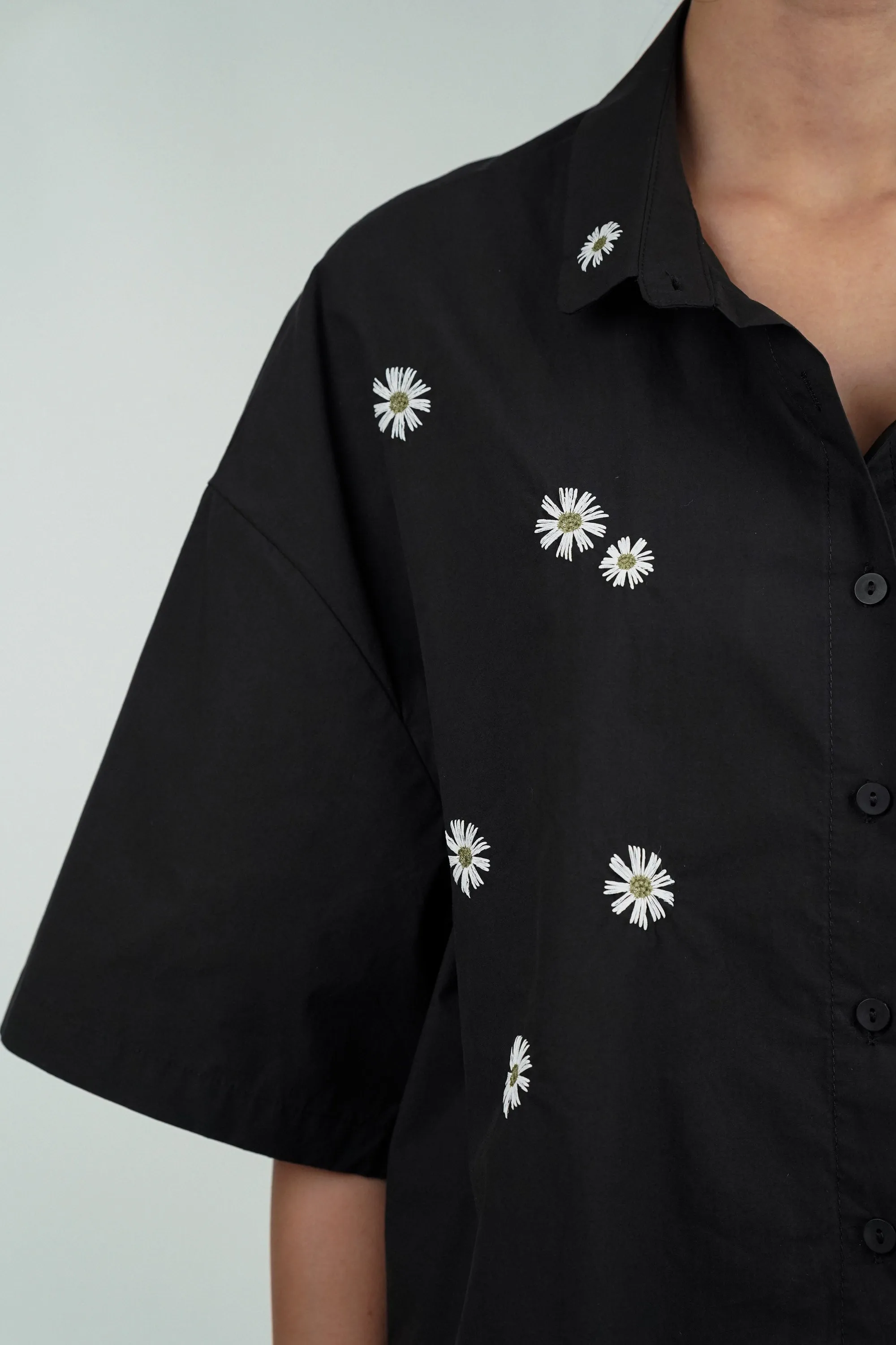 Daisy Delight Black Floral Embroidered Shirt