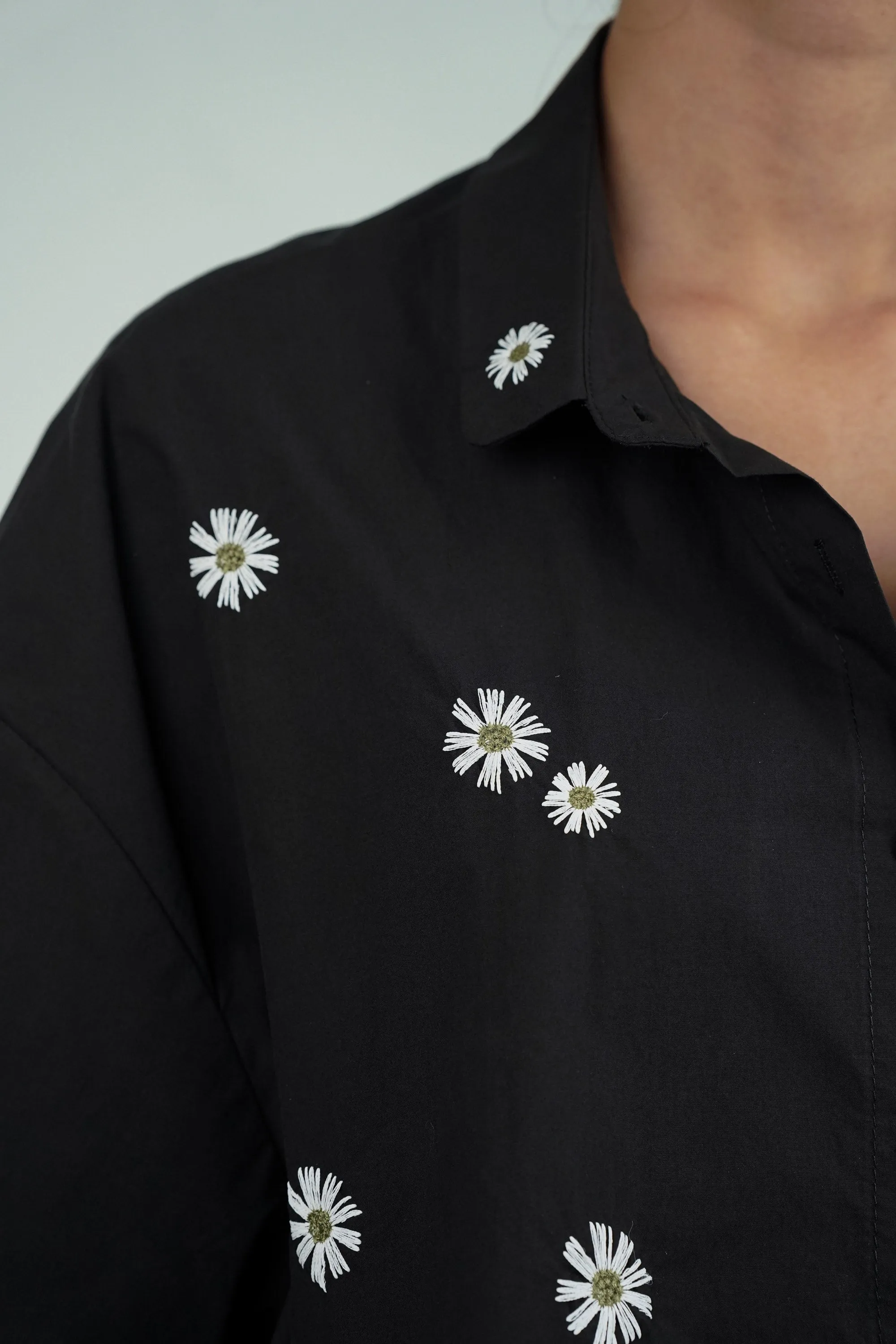 Daisy Delight Black Floral Embroidered Shirt