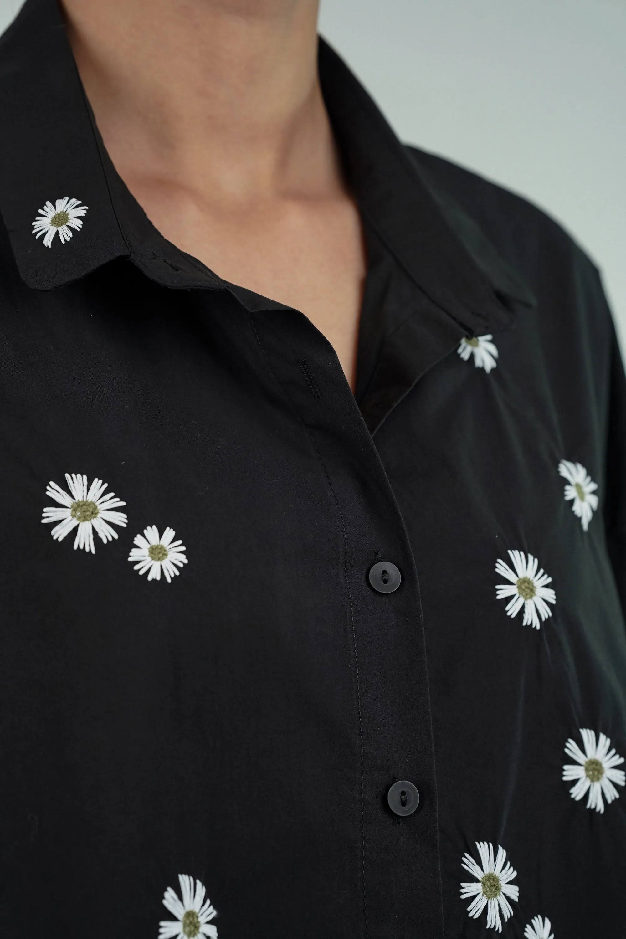 Daisy Delight Black Floral Embroidered Shirt