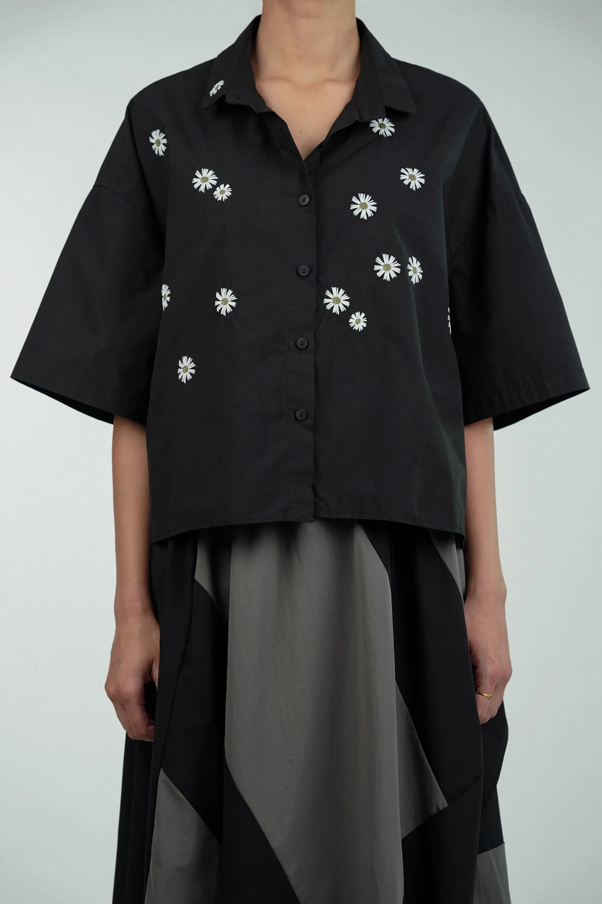 Daisy Delight Black Floral Embroidered Shirt