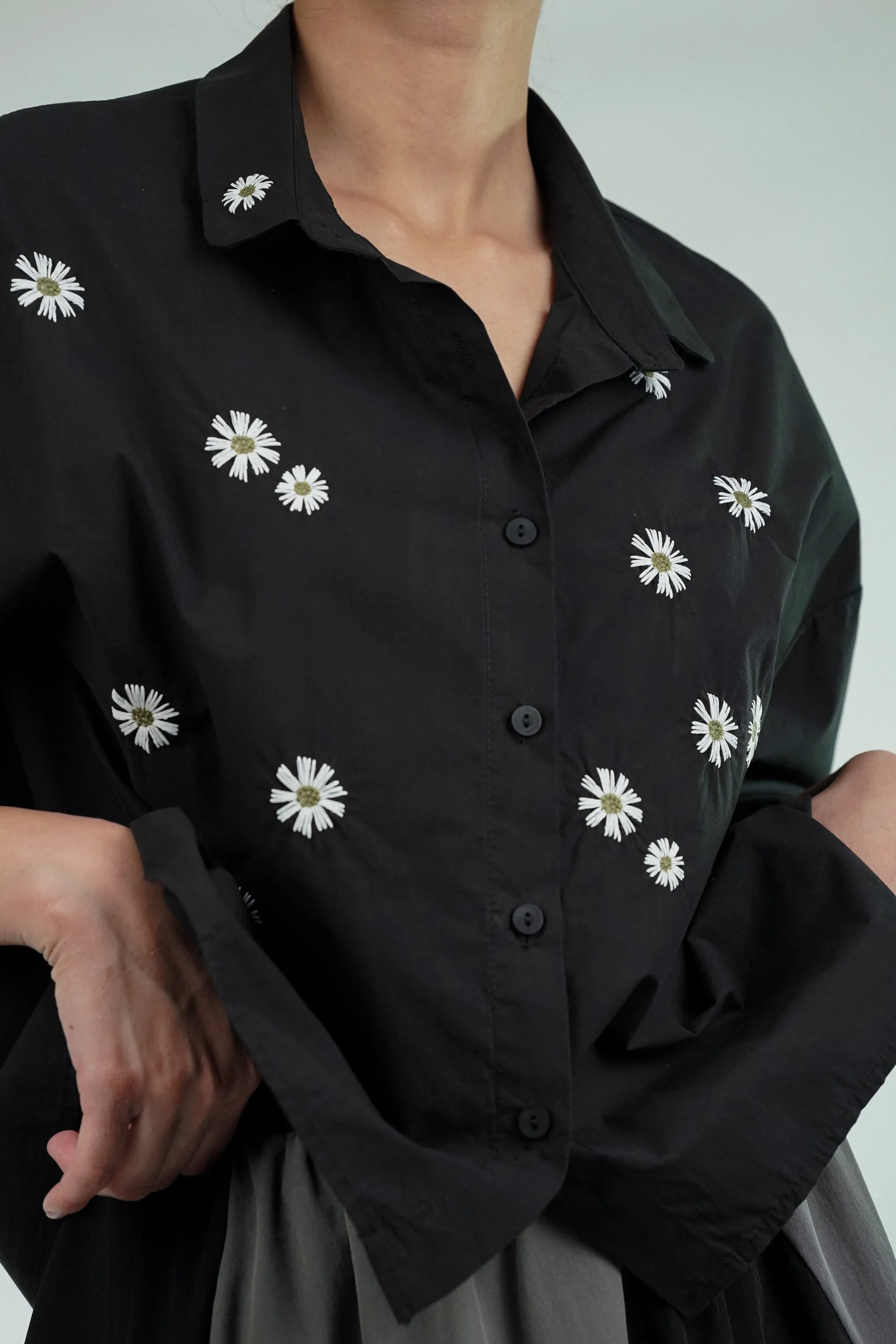 Daisy Delight Black Floral Embroidered Shirt