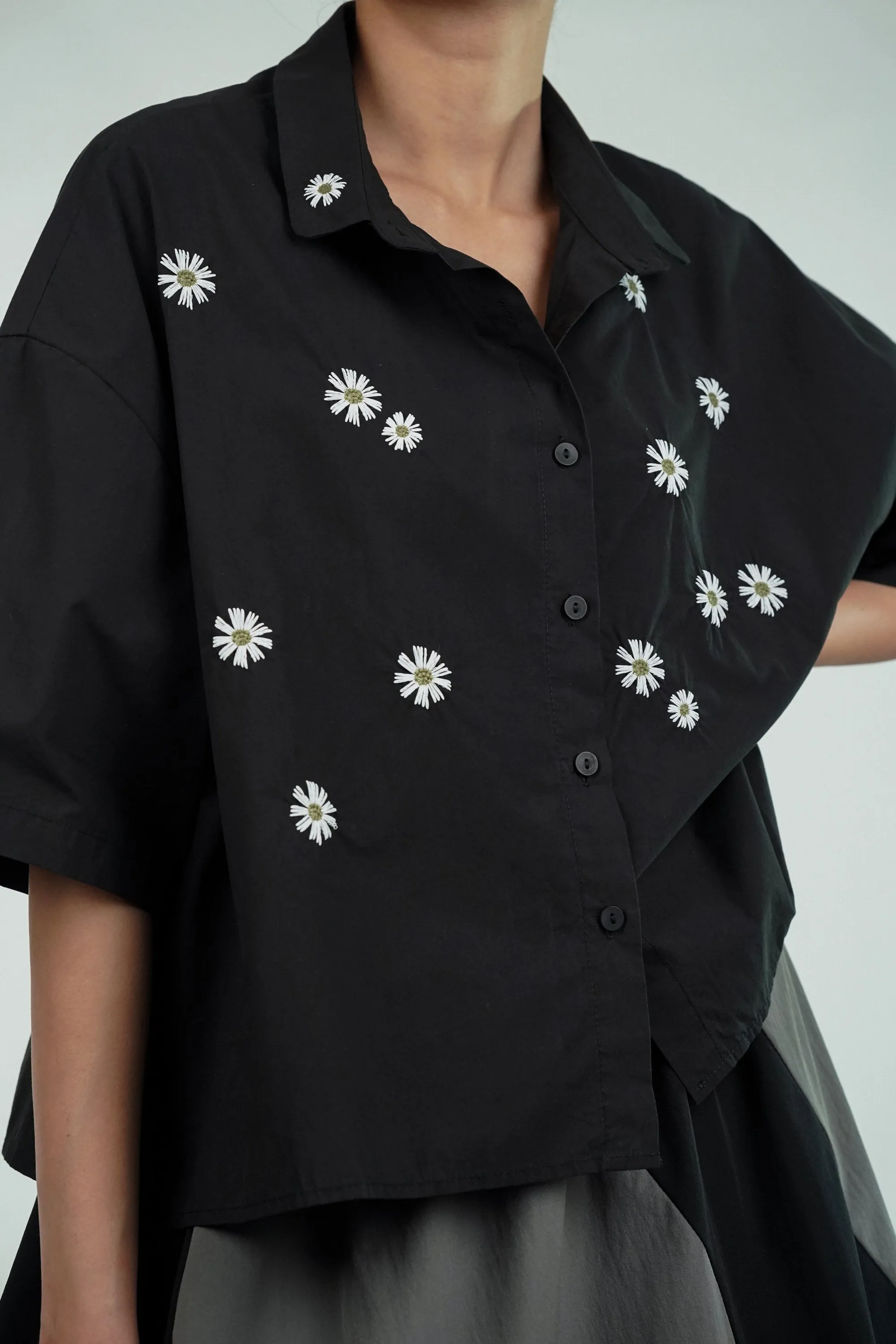 Daisy Delight Black Floral Embroidered Shirt