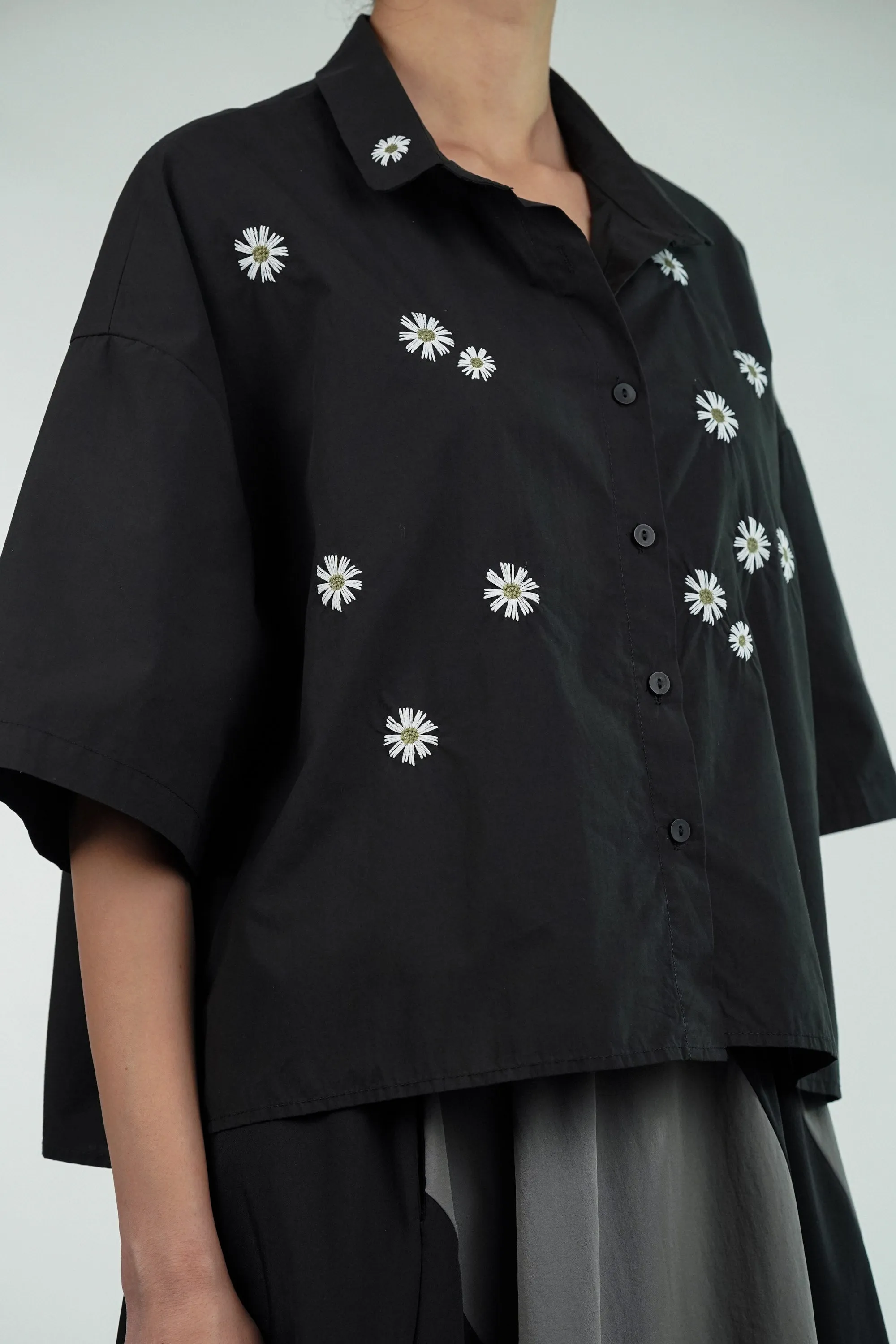 Daisy Delight Black Floral Embroidered Shirt