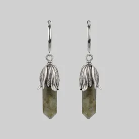 DEATH BLOOM. Labradorite Gemstone Hoop Earrings - Silver