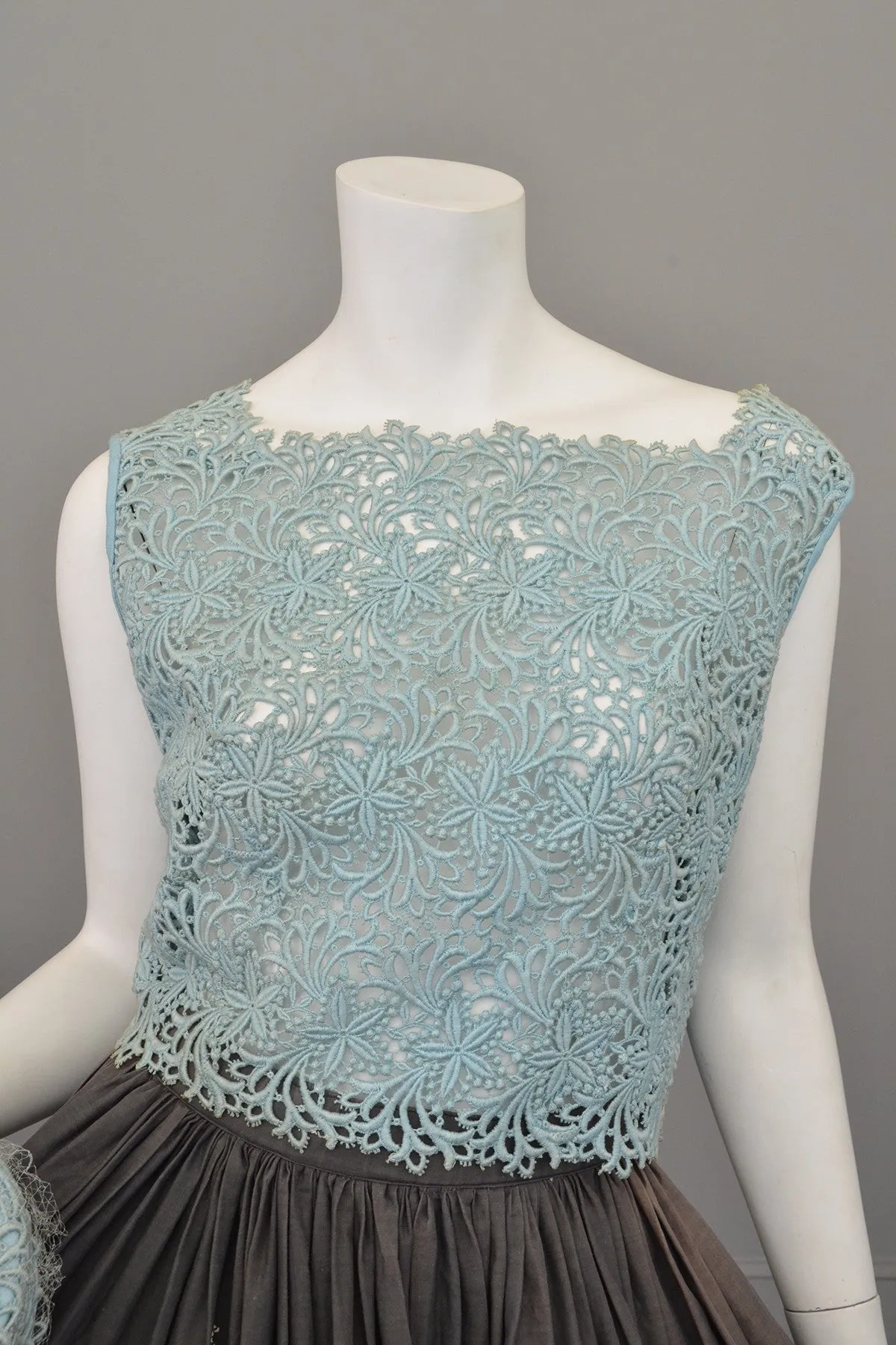 Dusty Light Blue Embroidered Lace Crop Top