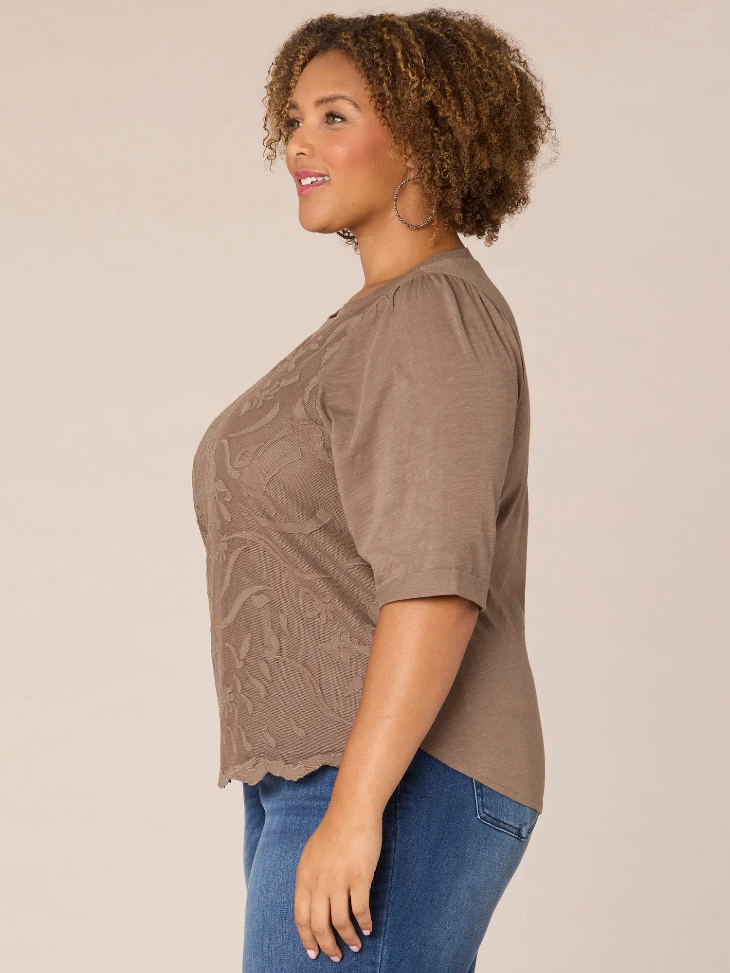 Elbow Puff Sleeve Round Neck Embroidered Plus Size Woven Top