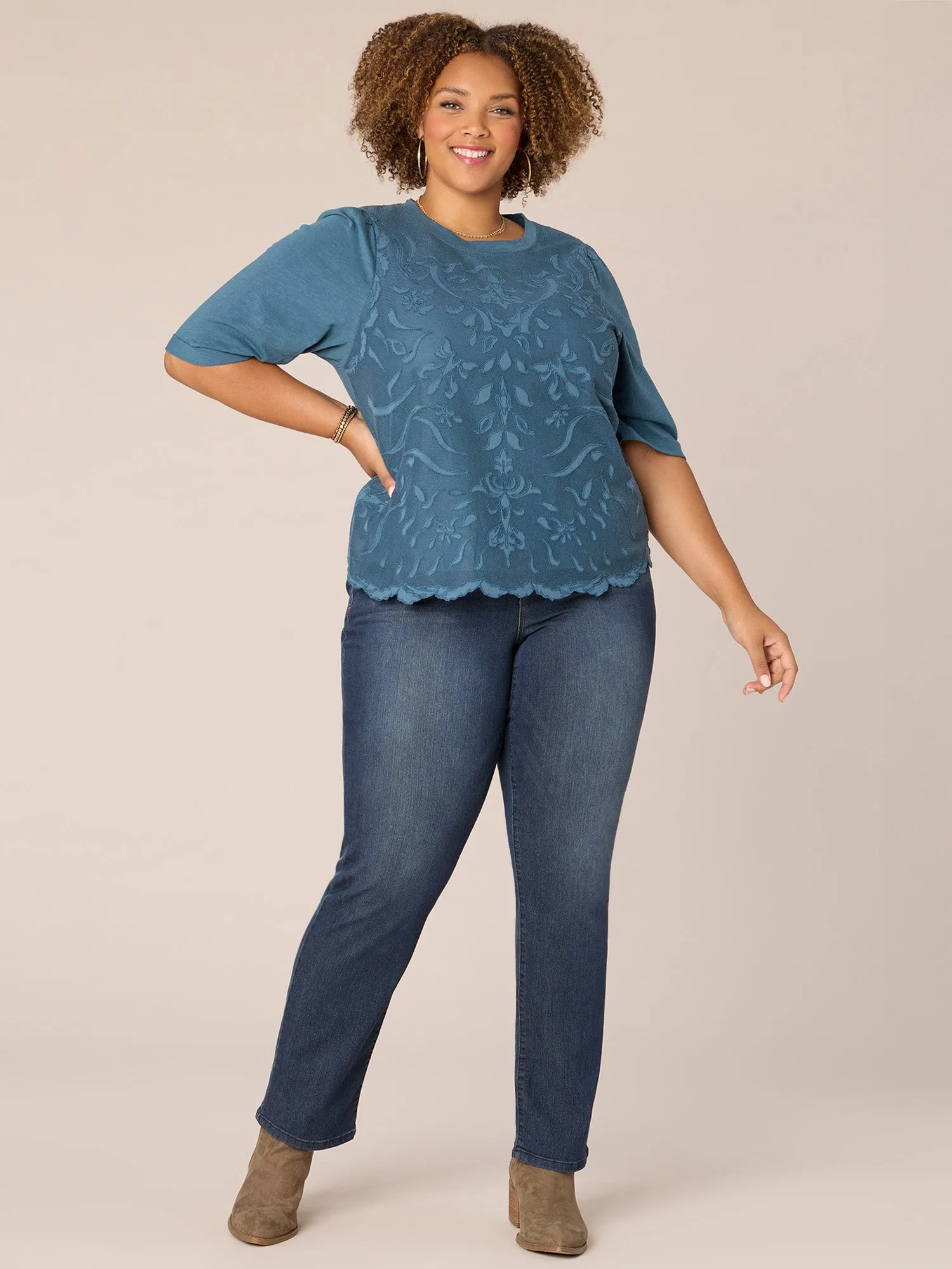 Elbow Puff Sleeve Round Neck Embroidered Plus Size Woven Top