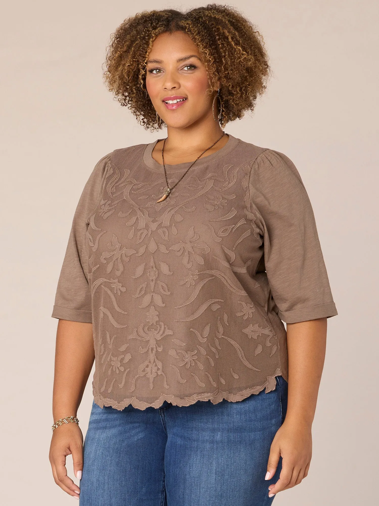 Elbow Puff Sleeve Round Neck Embroidered Plus Size Woven Top