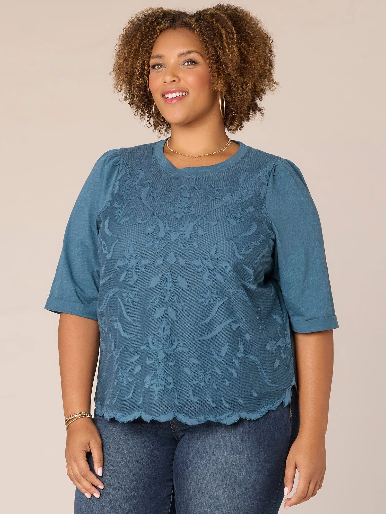 Elbow Puff Sleeve Round Neck Embroidered Plus Size Woven Top