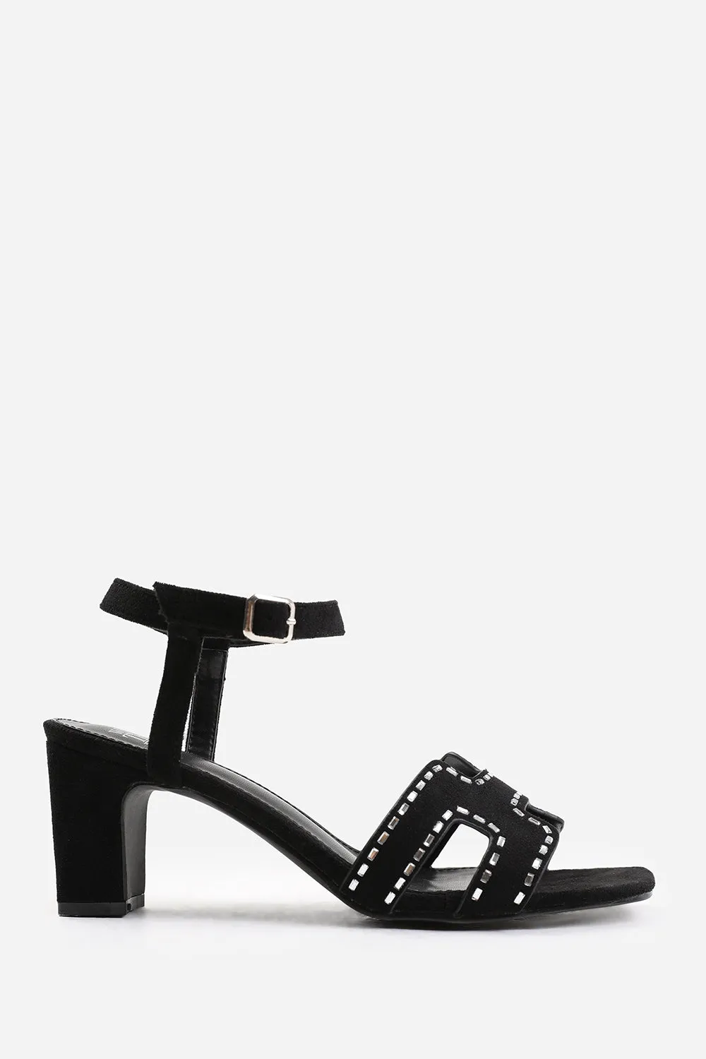 ELSPETH LOW BLOCK HEEL WITH CUT OUT DETAILING AND DIAMANTES IN BLACK SUEDE