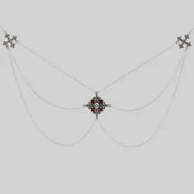 ELVIRA. Medieval Cross Garnet Necklace  - Silver