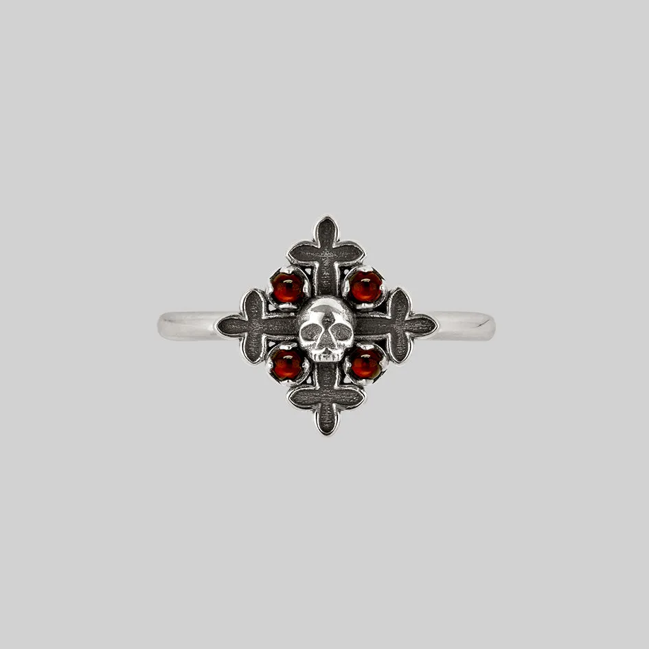 ELVIRA. Medieval Cross Garnet Ring - Silver