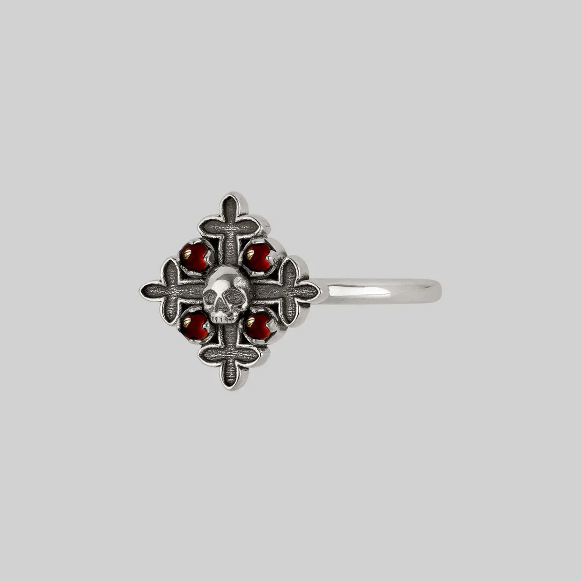 ELVIRA. Medieval Cross Garnet Ring - Silver