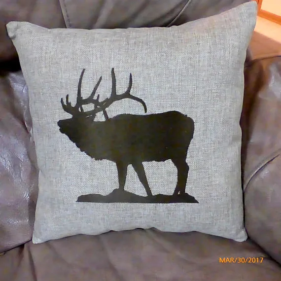 Embroidered Elk pillow, burlap pillow, wildlife pillow