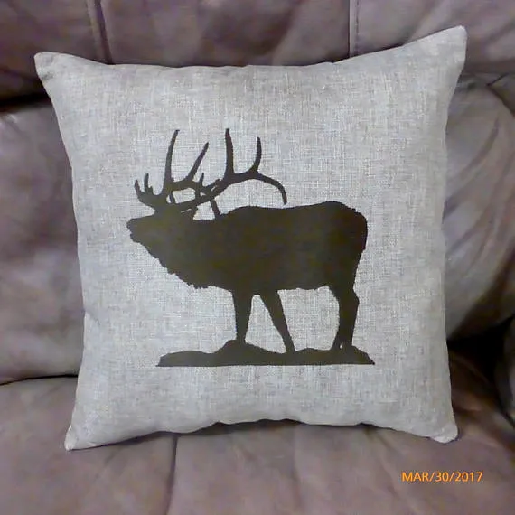 Embroidered Elk pillow, burlap pillow, wildlife pillow