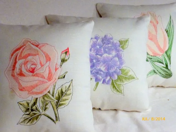 Embroidered pillow, Linen pillow salmon pink embroidered rose