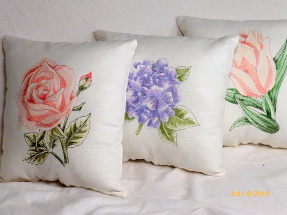 Embroidered pillow, Linen pillow salmon pink embroidered rose