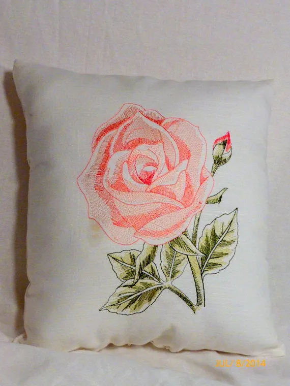 Embroidered pillow, Linen pillow salmon pink embroidered rose