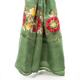 Embroidered Scarf - Olive Green Floral