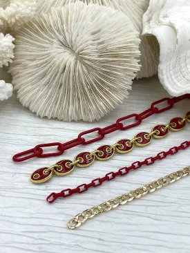 Enamel Plated Red Paper Clip Chain, Enamel Box Chain, Enamel Coffee Bean Chain Flat Cuban Curb Chain, 4 styles By the Foot Fast Ship