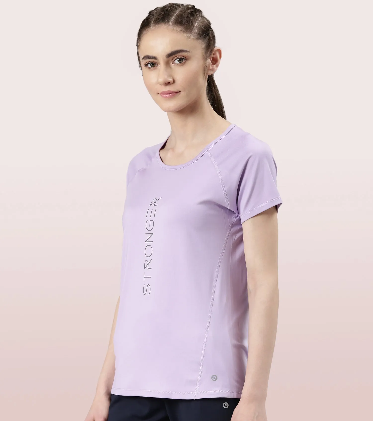 Enamor Active Dry Fit Graphic Tee For Women | Basic T-Shirt With Raglan Sleeve & Scoop Neck Design | Mauve Love - Fearless Graphic