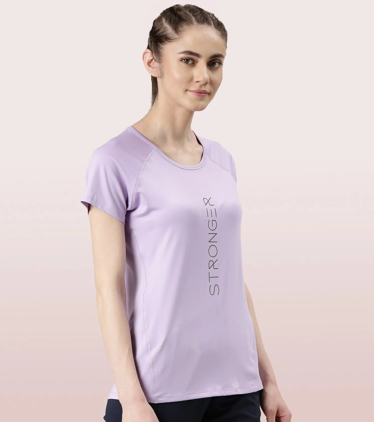 Enamor Active Dry Fit Graphic Tee For Women | Basic T-Shirt With Raglan Sleeve & Scoop Neck Design | Mauve Love - Fearless Graphic