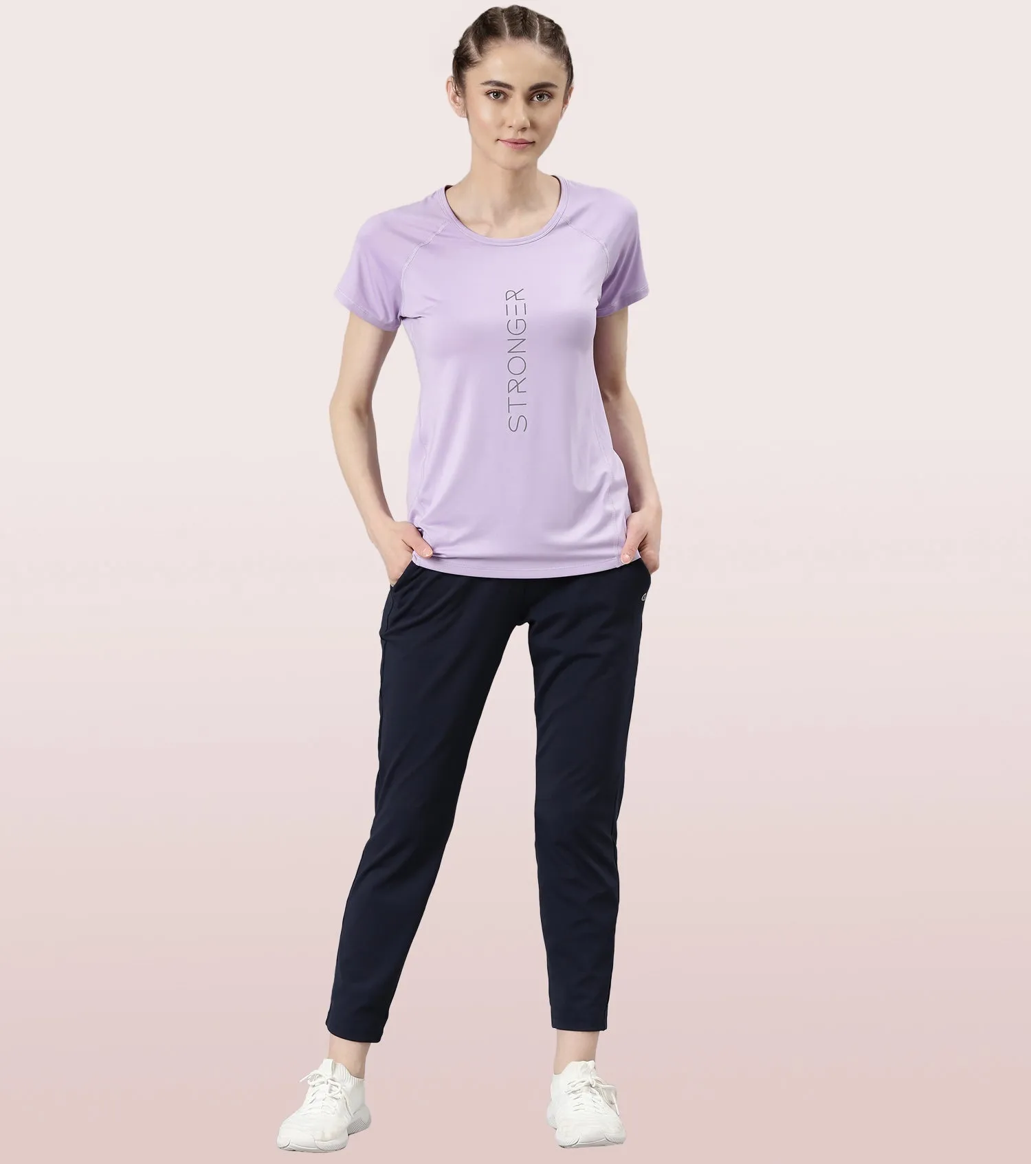 Enamor Active Dry Fit Graphic Tee For Women | Basic T-Shirt With Raglan Sleeve & Scoop Neck Design | Mauve Love - Fearless Graphic