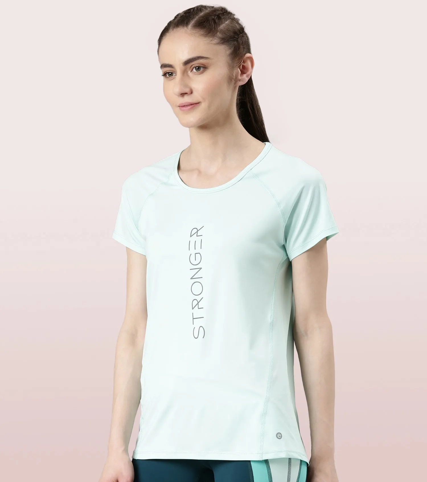 Enamor Active Dry Fit Graphic Tee For Women | Basic T-Shirt With Raglan Sleeve & Scoop Neck Design | Mauve Love - Fearless Graphic